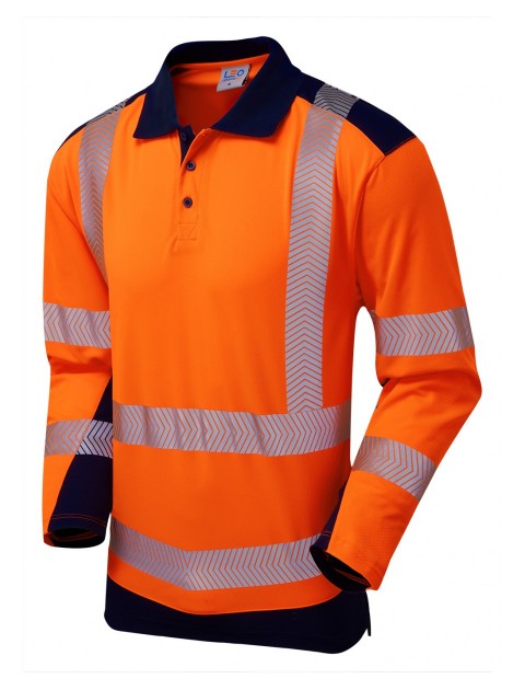 Leo Wringcliff CoolvizPlus Sleeved Polo Shirt Orange/Navy High Visibility